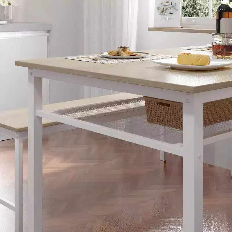 Ensemble de salle à manger de ferme pour 4 personnes, table de cuisine 3 pièces avec 2 bancs et étagère de rangement, table en MDF chêne blanc avec cadre en métal, pour la maison et le restaurant