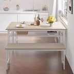 Ensemble de salle à manger de ferme pour 4 personnes, table de cuisine 3 pièces avec 2 bancs et étagère de rangement, table en MDF chêne blanc avec cadre en métal, pour la maison et le restaurant