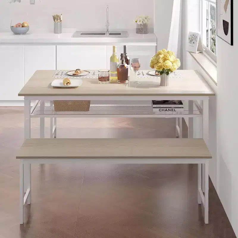 Ensemble de salle à manger de ferme pour 4 personnes, table de cuisine 3 pièces avec 2 bancs et étagère de rangement, table en MDF chêne blanc avec cadre en métal, pour la maison et le restaurant