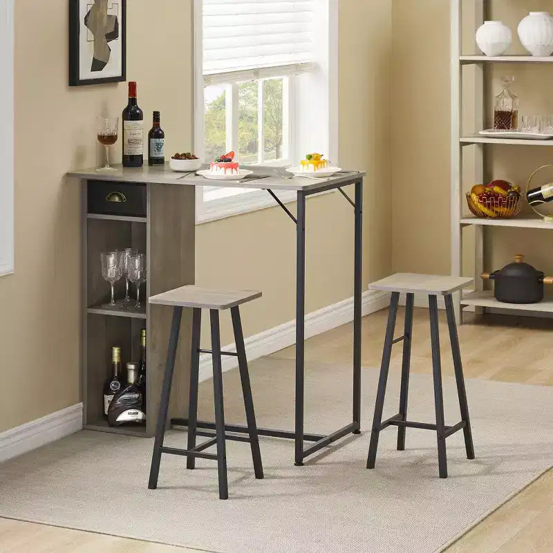 Ensemble table de bar 3 pièces Fulvari pour 2, petite table de salle à manger de cuisine avec 2 tabourets, ensemble table et chaises de bar hauteur comptoir avec tiroir de rangement