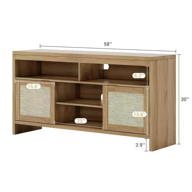 1 ENSEMBLE BP Meuble TV en MDF avec 2 Portes en Rotin, Planche Épaisse, Rangement Spacieux, Construction en MDF Durable, Design Élégant et Assemblage Facile