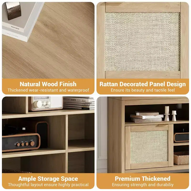 1 ENSEMBLE BP Meuble TV en MDF avec 2 Portes en Rotin, Planche Épaisse, Rangement Spacieux, Construction en MDF Durable, Design Élégant et Assemblage Facile
