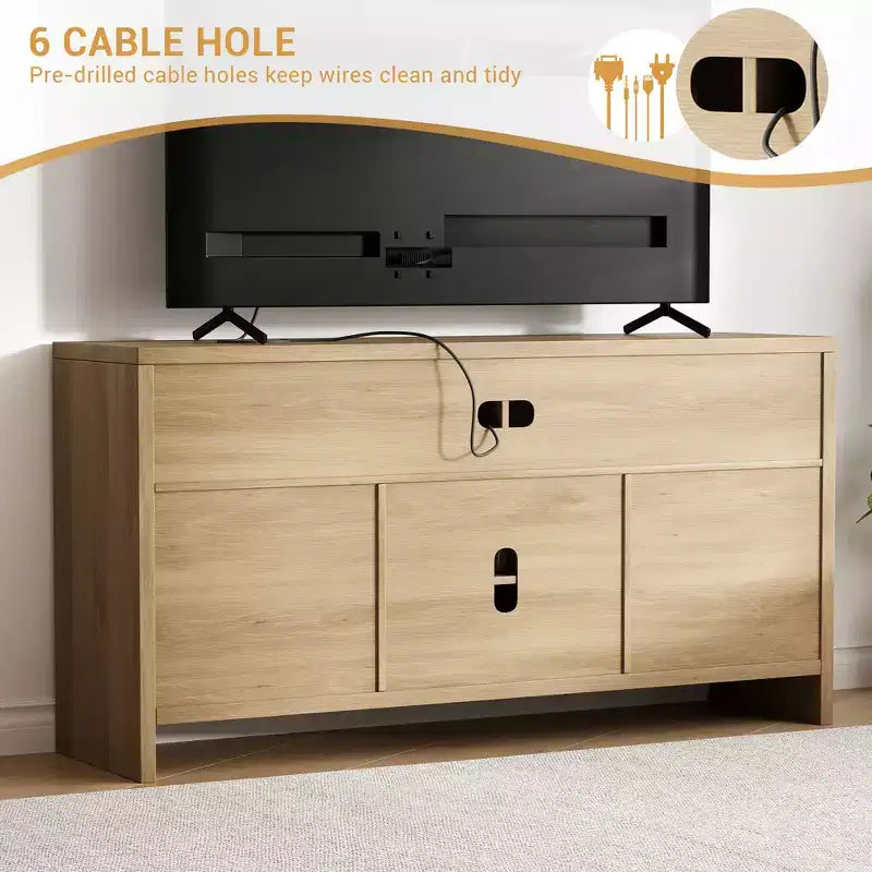 1 ENSEMBLE BP Meuble TV en MDF avec 2 Portes en Rotin, Planche Épaisse, Rangement Spacieux, Construction en MDF Durable, Design Élégant et Assemblage Facile
