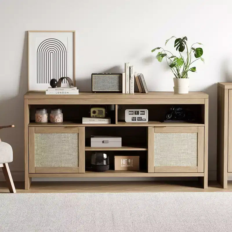1 ENSEMBLE BP Meuble TV en MDF avec 2 Portes en Rotin, Planche Épaisse, Rangement Spacieux, Construction en MDF Durable, Design Élégant et Assemblage Facile