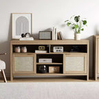 1 ENSEMBLE BP Meuble TV en MDF avec 2 Portes en Rotin, Planche Épaisse, Rangement Spacieux, Construction en MDF Durable, Design Élégant et Assemblage Facile