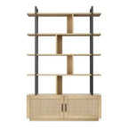 1 Set Particle Board and Metal Layered Rattan Woven Bookshelf with Storage Shelf