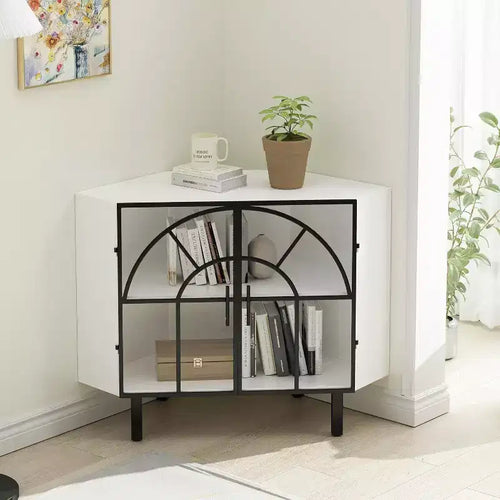 Acekool Corner Cabinet, 2-Door Sideboard with Metal Frame and 2-Tier Shelves, Storage Organizer for Living Room, Kitchen, Bedroom, Bathroom, White