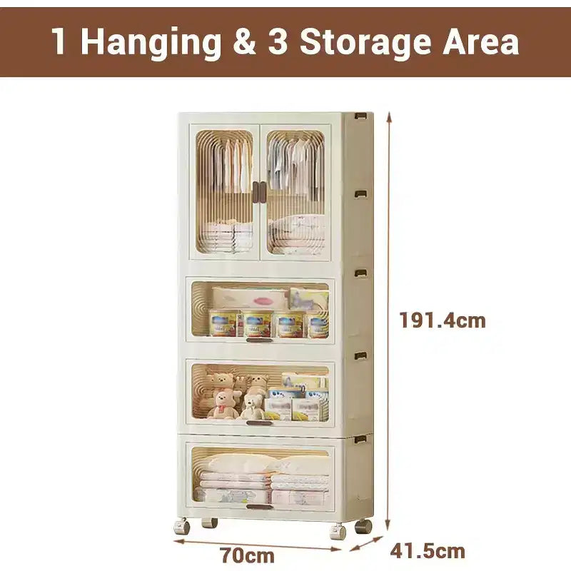 Armoire penderie Acekool pour enfants avec portes et roulettes, placard de rangement portable à 4 niveaux avec tringle et cintres, organiseur pour chambre d'enfant ou bébé