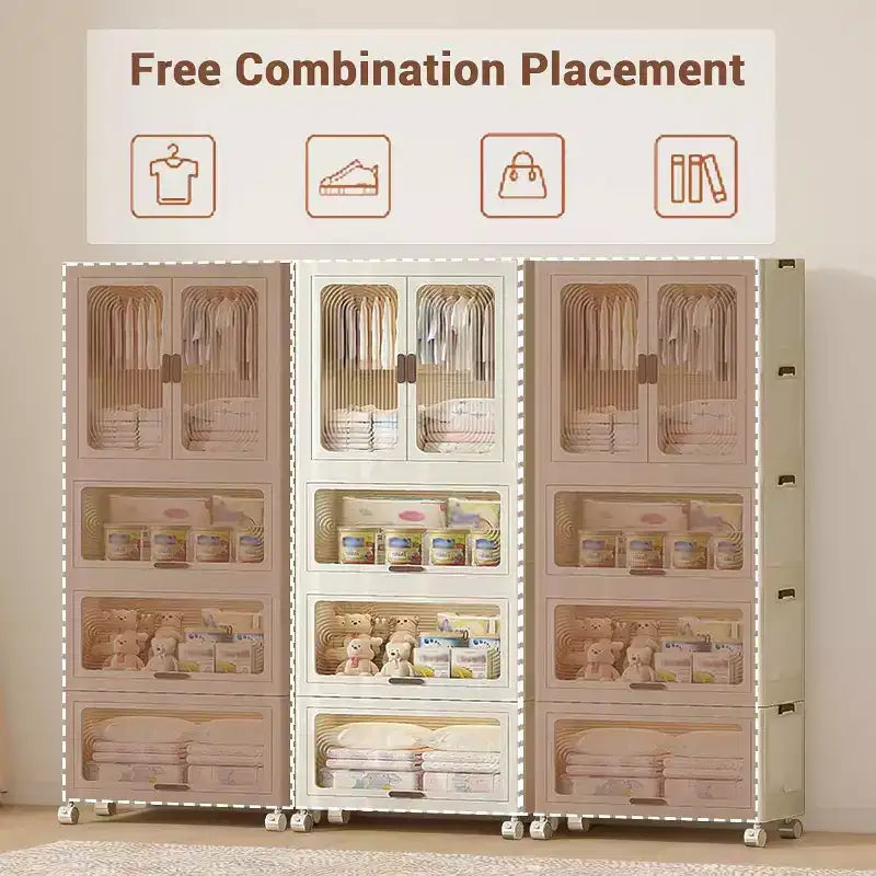 Armoire penderie Acekool pour enfants avec portes et roulettes, placard de rangement portable à 4 niveaux avec tringle et cintres, organiseur pour chambre d'enfant ou bébé