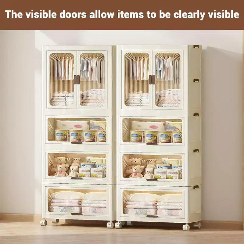 Armoire penderie Acekool pour enfants avec portes et roulettes, placard de rangement portable à 4 niveaux avec tringle et cintres, organiseur pour chambre d'enfant ou bébé
