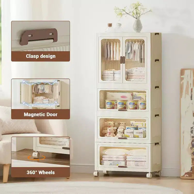 Armoire penderie Acekool pour enfants avec portes et roulettes, placard de rangement portable à 4 niveaux avec tringle et cintres, organiseur pour chambre d'enfant ou bébé