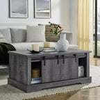 Table basse de ferme Okak 41 avec porte de grange coulissante, 3 compartiments de rangement et étagères réglables, table basse rectangulaire en bois pour salon