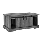 Table basse de ferme Okak 41 avec porte de grange coulissante, 3 compartiments de rangement et étagères réglables, table basse rectangulaire en bois pour salon