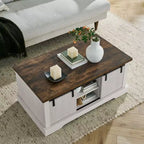 Table basse de ferme Okak 41 avec porte de grange coulissante, 3 compartiments de rangement et étagères réglables, table basse rectangulaire en bois pour salon