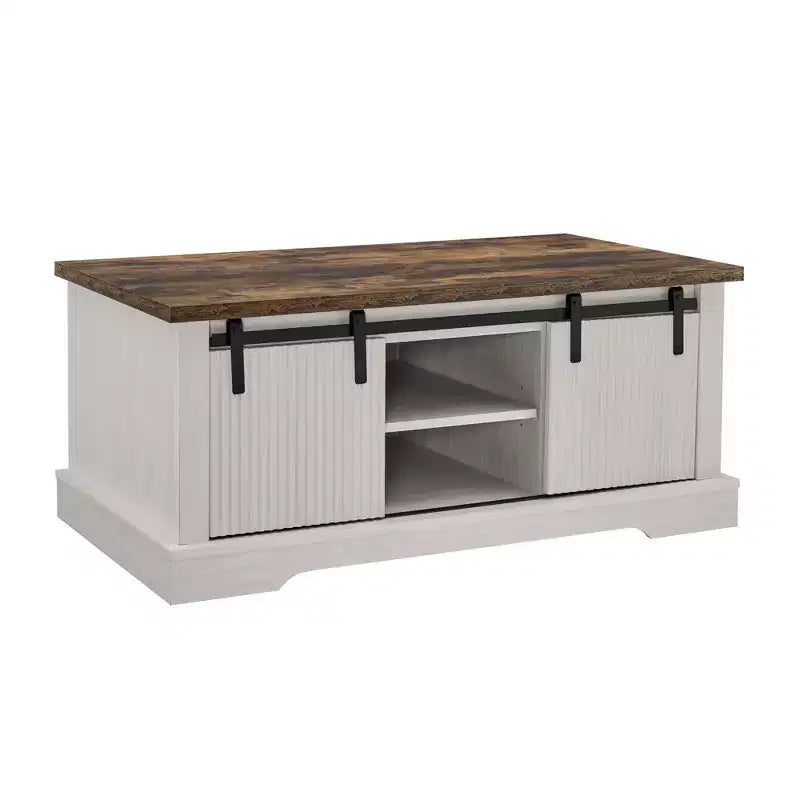 Table basse de ferme Okak 41 avec porte de grange coulissante, 3 compartiments de rangement et étagères réglables, table basse rectangulaire en bois pour salon