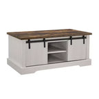 Table basse de ferme Okak 41 avec porte de grange coulissante, 3 compartiments de rangement et étagères réglables, table basse rectangulaire en bois pour salon