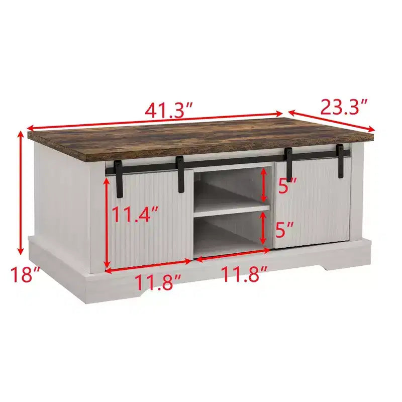 Table basse de ferme Okak 41 avec porte de grange coulissante, 3 compartiments de rangement et étagères réglables, table basse rectangulaire en bois pour salon
