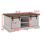 Table basse de ferme Okak 41 avec porte de grange coulissante, 3 compartiments de rangement et étagères réglables, table basse rectangulaire en bois pour salon