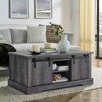 Table basse de ferme Okak 41 avec porte de grange coulissante, 3 compartiments de rangement et étagères réglables, table basse rectangulaire en bois pour salon