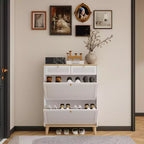 MAYEERTY Meuble à chaussures avec 2 portes abattantes, 2 tiroirs, meuble à chaussures étroit, pieds en bois naturel