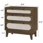 Commode de chambre en rotin à 3 tiroirs, commode moderne naturelle avec poignées et pieds en bois