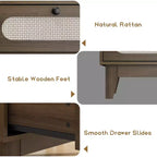 Commode de chambre en rotin à 3 tiroirs, commode moderne naturelle avec poignées et pieds en bois