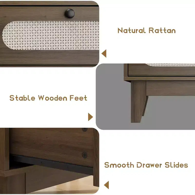 Commode de chambre en rotin à 3 tiroirs, commode moderne naturelle avec poignées et pieds en bois