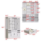 Meuble de cuisine blanc Famapy : Portes en verre, casier à vin, zones de rangement multiples. Idéal pour l'exposition et le rangement.