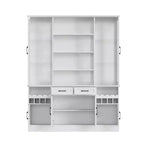 Meuble de cuisine blanc Famapy : Portes en verre, casier à vin, zones de rangement multiples. Idéal pour l'exposition et le rangement.