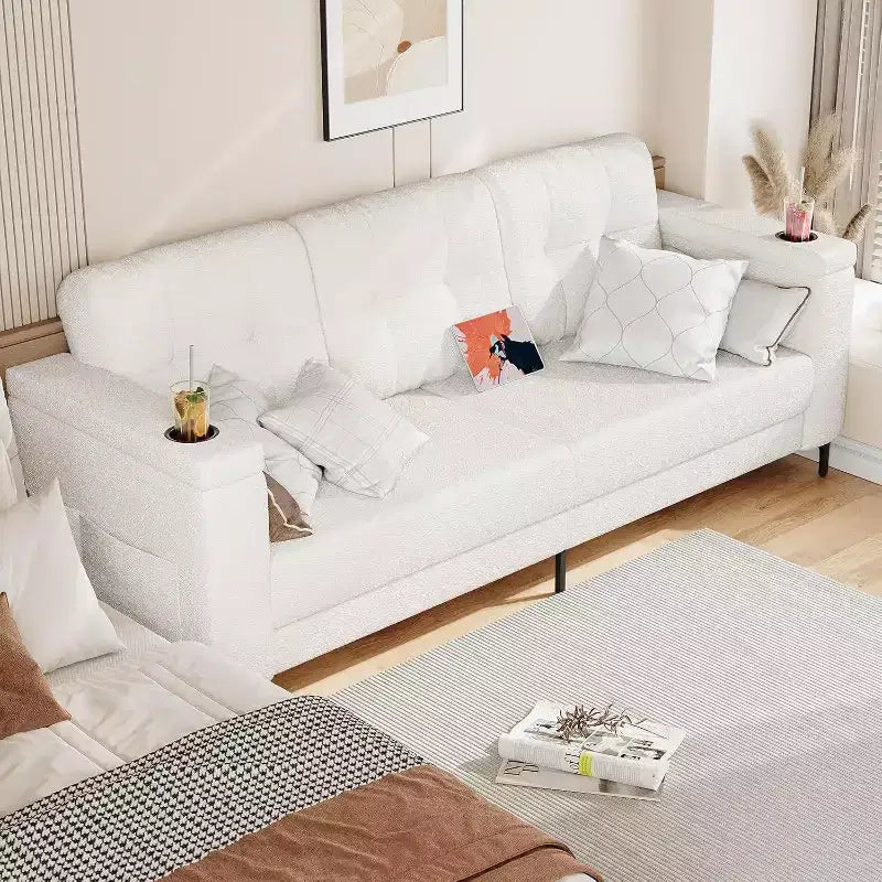 Canapé-lit moderne Acekool, canapé 3 places avec accoudoirs de rangement, poches latérales et porte-gobelet, convertible rembourré pour salon ou appartement