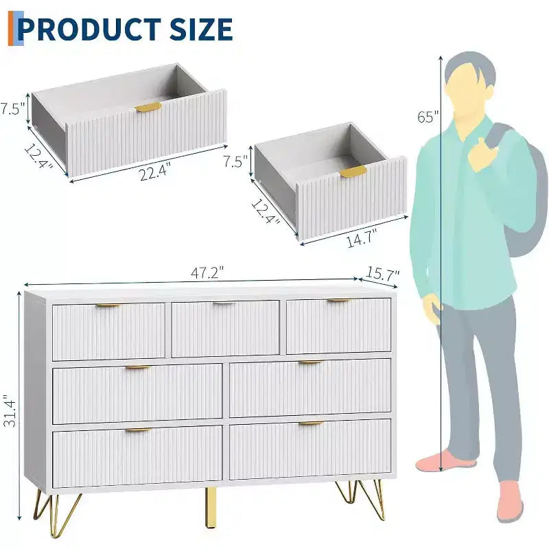 Commode Acekool à 7 tiroirs, commode moderne blanche de 120 cm de large avec pieds en métal doré, organisateur de rangement pour chambre, entrée, salon