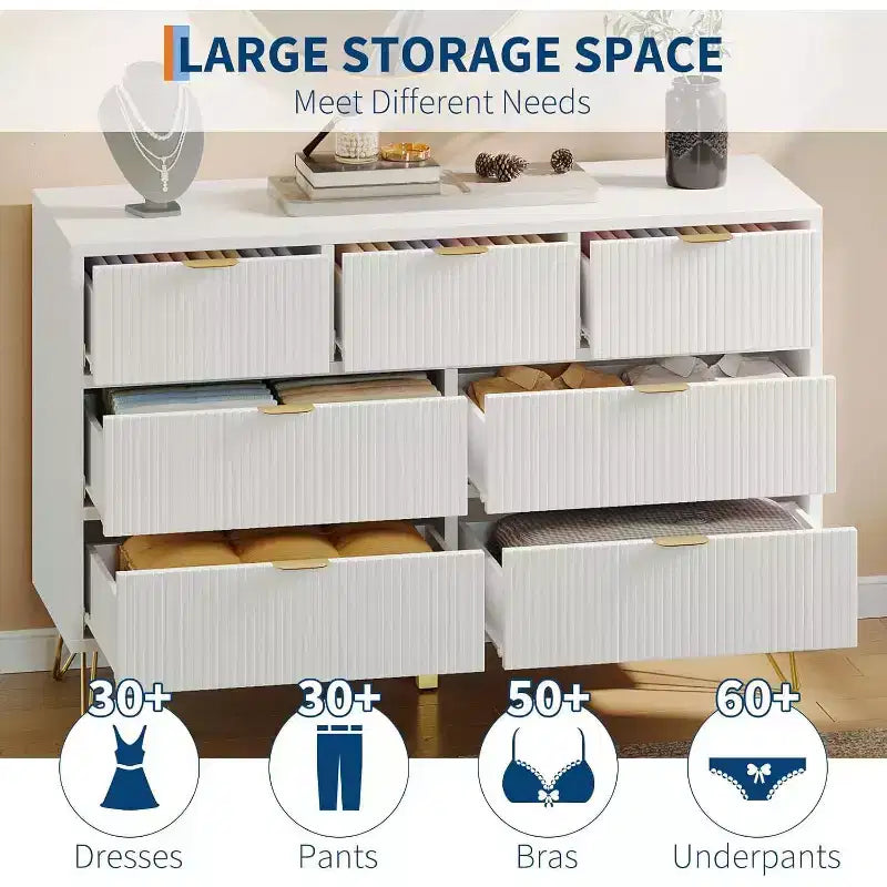 Commode Acekool à 7 tiroirs, commode moderne blanche de 120 cm de large avec pieds en métal doré, organisateur de rangement pour chambre, entrée, salon
