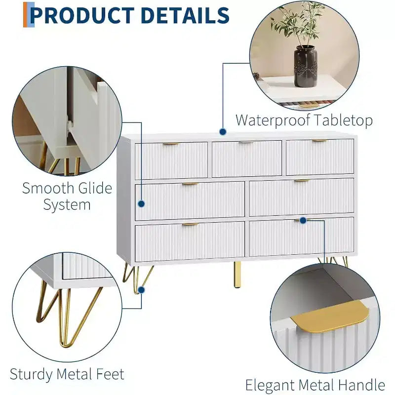 Commode Acekool à 7 tiroirs, commode moderne blanche de 120 cm de large avec pieds en métal doré, organisateur de rangement pour chambre, entrée, salon