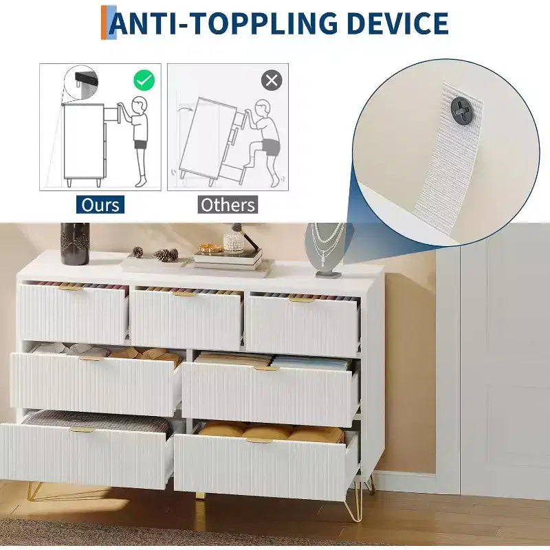 Commode Acekool à 7 tiroirs, commode moderne blanche de 120 cm de large avec pieds en métal doré, organisateur de rangement pour chambre, entrée, salon