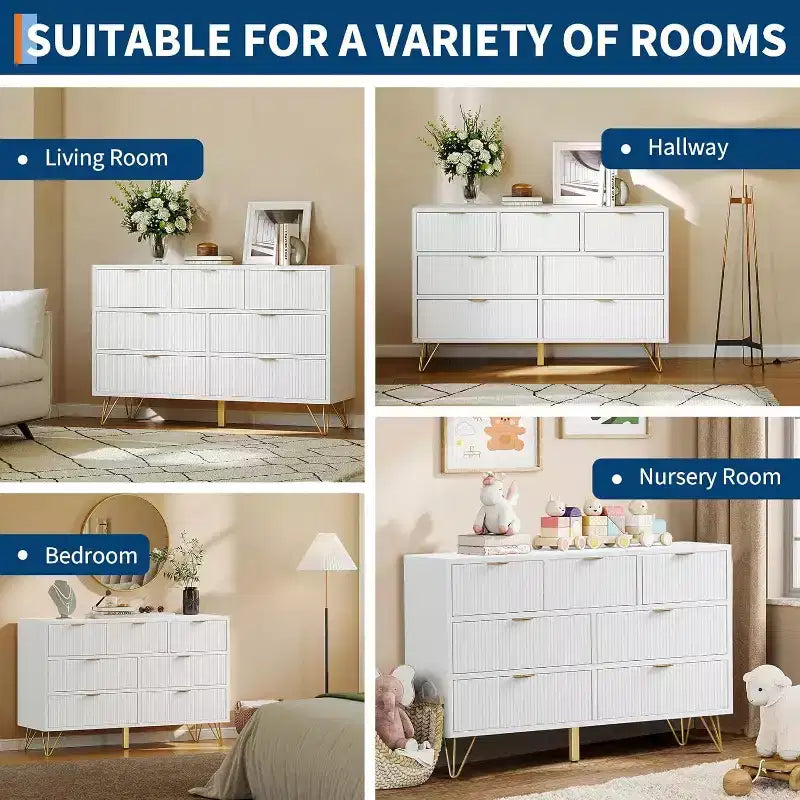 Commode Acekool à 7 tiroirs, commode moderne blanche de 120 cm de large avec pieds en métal doré, organisateur de rangement pour chambre, entrée, salon