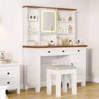 Acekool 42 Coiffeuse avec Miroir Éclairé, Station de Recharge, Plateau en Verre, Tiroir de Rangement, Tabouret Rembourré, pour Chambre à Coucher, Marron et Blanc