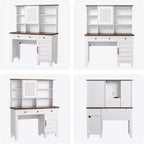 Acekool 42 Coiffeuse avec Miroir Éclairé, Station de Recharge, Plateau en Verre, Tiroir de Rangement, Tabouret Rembourré, pour Chambre à Coucher, Marron et Blanc