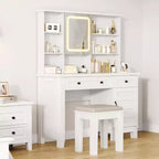 Acekool 42 Coiffeuse avec Miroir Éclairé, Station de Recharge, Plateau en Verre, Tiroir de Rangement, Tabouret Rembourré, pour Chambre à Coucher, Marron et Blanc