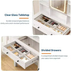 Acekool 42 Coiffeuse avec Miroir Éclairé, Station de Recharge, Plateau en Verre, Tiroir de Rangement, Tabouret Rembourré, pour Chambre à Coucher, Marron et Blanc