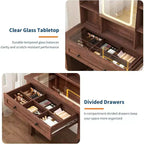 Acekool 42 Coiffeuse avec Miroir Éclairé, Station de Recharge, Plateau en Verre, Tiroir de Rangement, Tabouret Rembourré, pour Chambre à Coucher, Marron et Blanc