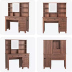 Acekool 42 Coiffeuse avec Miroir Éclairé, Station de Recharge, Plateau en Verre, Tiroir de Rangement, Tabouret Rembourré, pour Chambre à Coucher, Marron et Blanc