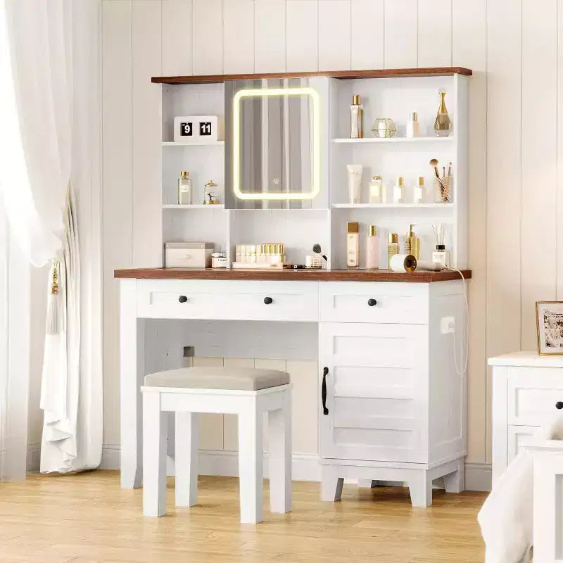 Acekool 42 Coiffeuse avec Miroir Éclairé, Station de Recharge, Plateau en Verre, Tiroir de Rangement, Tabouret Rembourré, pour Chambre à Coucher, Marron et Blanc