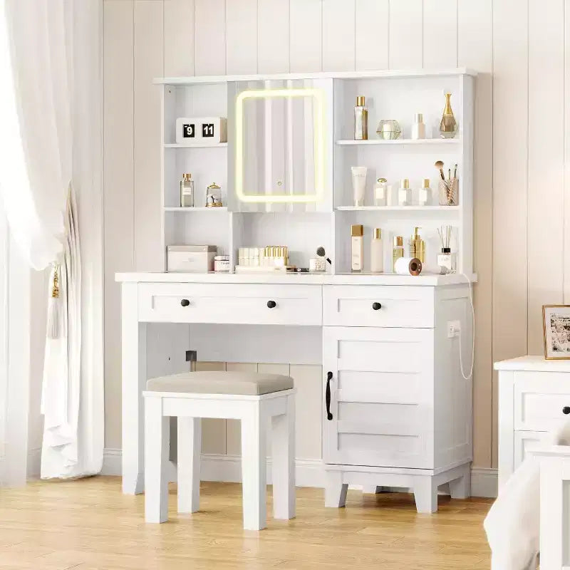 Acekool 42 Coiffeuse avec Miroir Éclairé, Station de Recharge, Plateau en Verre, Tiroir de Rangement, Tabouret Rembourré, pour Chambre à Coucher, Marron et Blanc