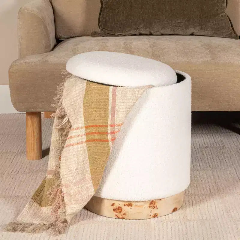 Tabouret de rangement rond rembourré en tissu bouclé Storied Home avec couvercle amovible, Crème