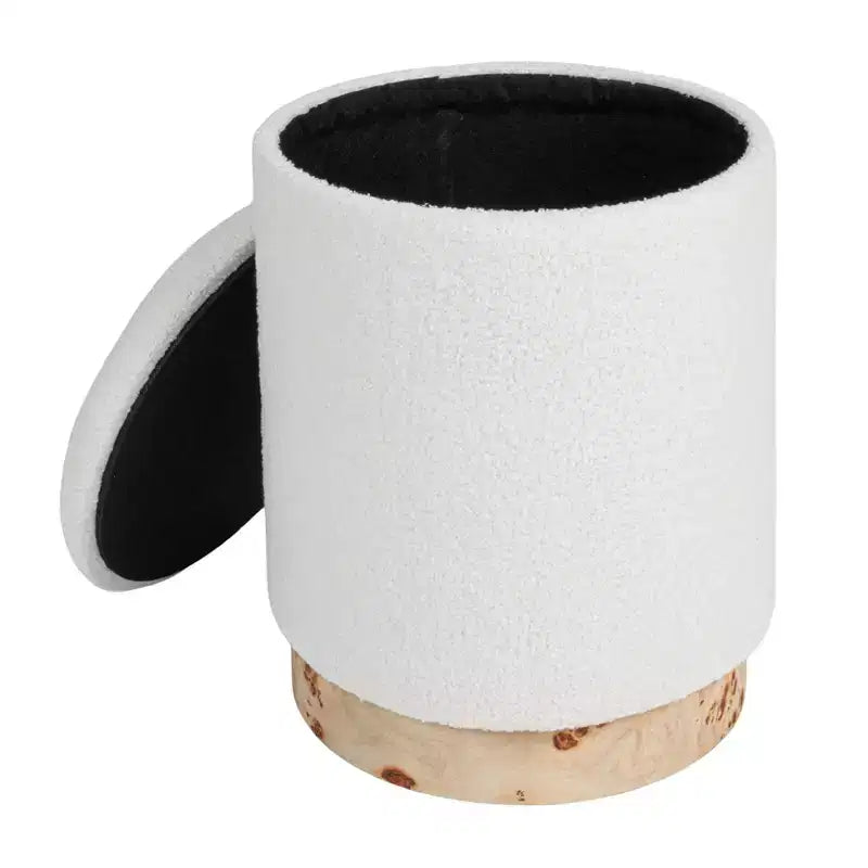 Tabouret de rangement rond rembourré en tissu bouclé Storied Home avec couvercle amovible, Crème