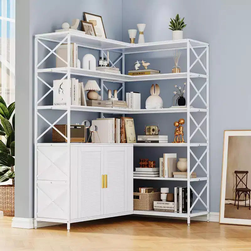 Farmhouse Corner Bookshelf,6-Tier L-Shaped Storage Shelf with Cabinet