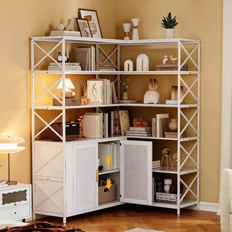 Étagère d'angle de ferme, bibliothèque de rangement en L à 6 niveaux avec armoire