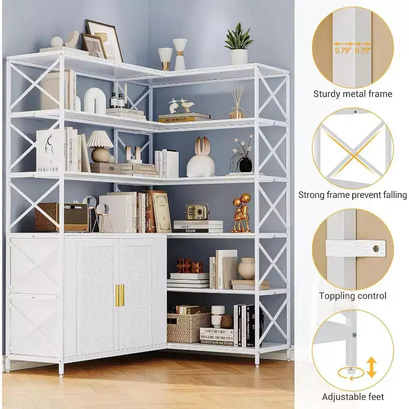 Étagère d'angle de ferme, bibliothèque de rangement en L à 6 niveaux avec armoire
