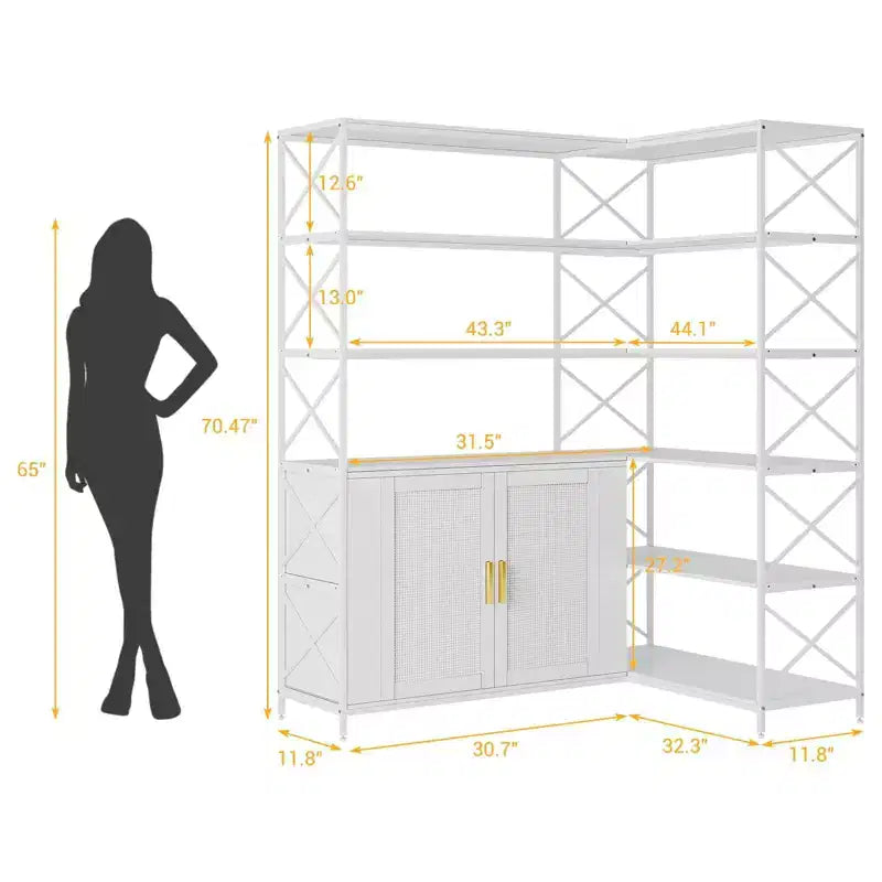 Étagère d'angle de ferme, bibliothèque de rangement en L à 6 niveaux avec armoire