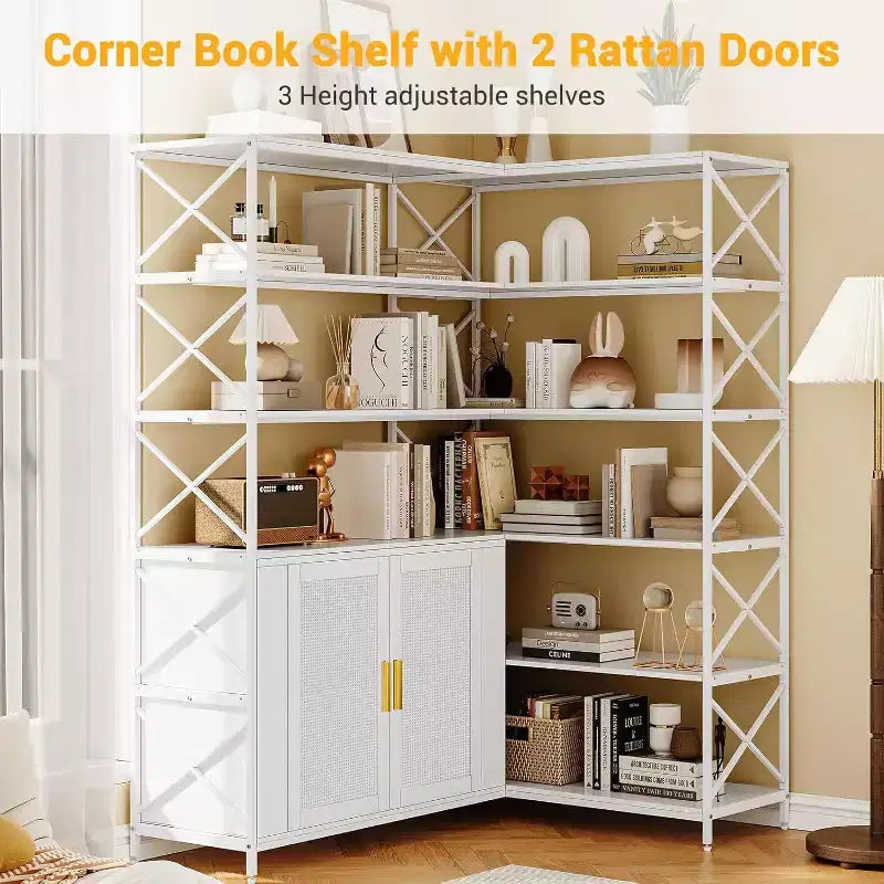 Étagère d'angle de ferme, bibliothèque de rangement en L à 6 niveaux avec armoire